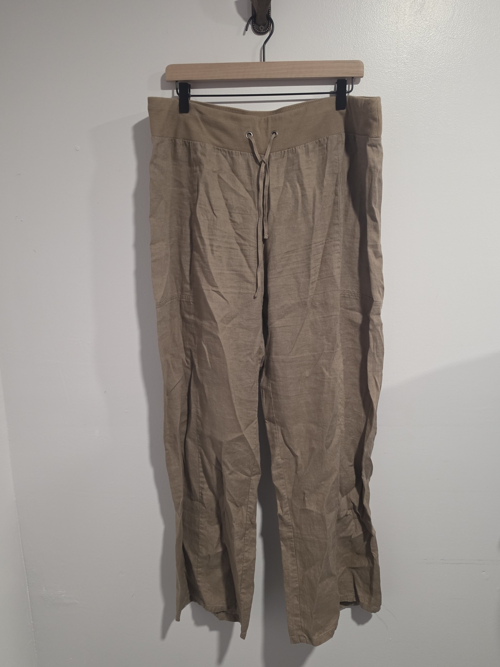 Eileen Fisher Wide-Leg Beige Drawstring Organic Linen Pants Size Large